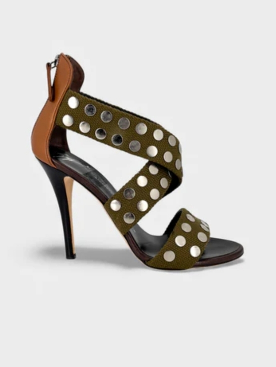Giuseppe Zanotti Olive Green Studded Canvas & Brown Leather Heels
